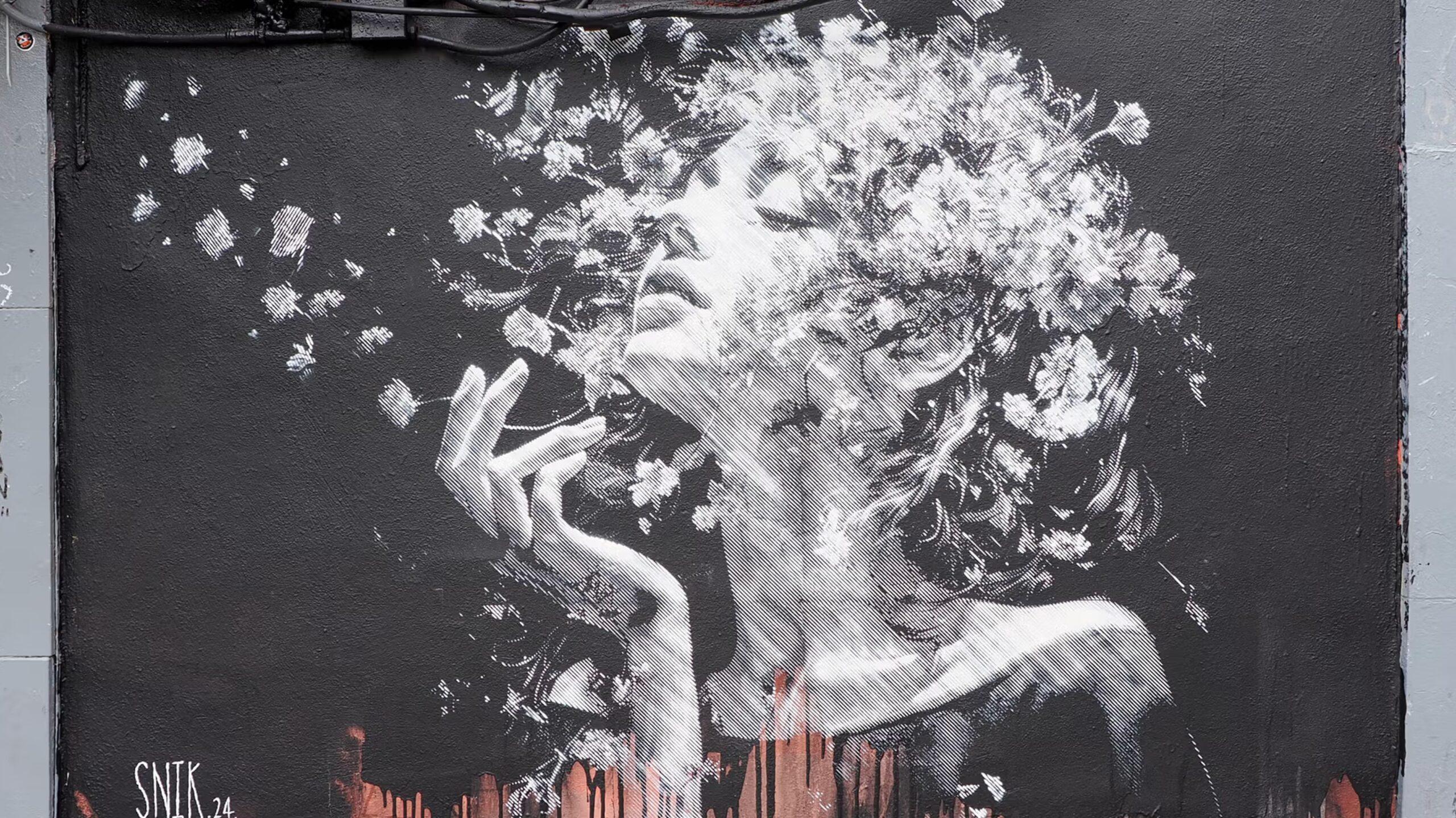Portrait d'une jeune fille avec des fleurs dans les cheveux réalisé au pochoir monolayer par le duo de street artistes britanniques SNIK sur un mur de Lower East Side à New York City.