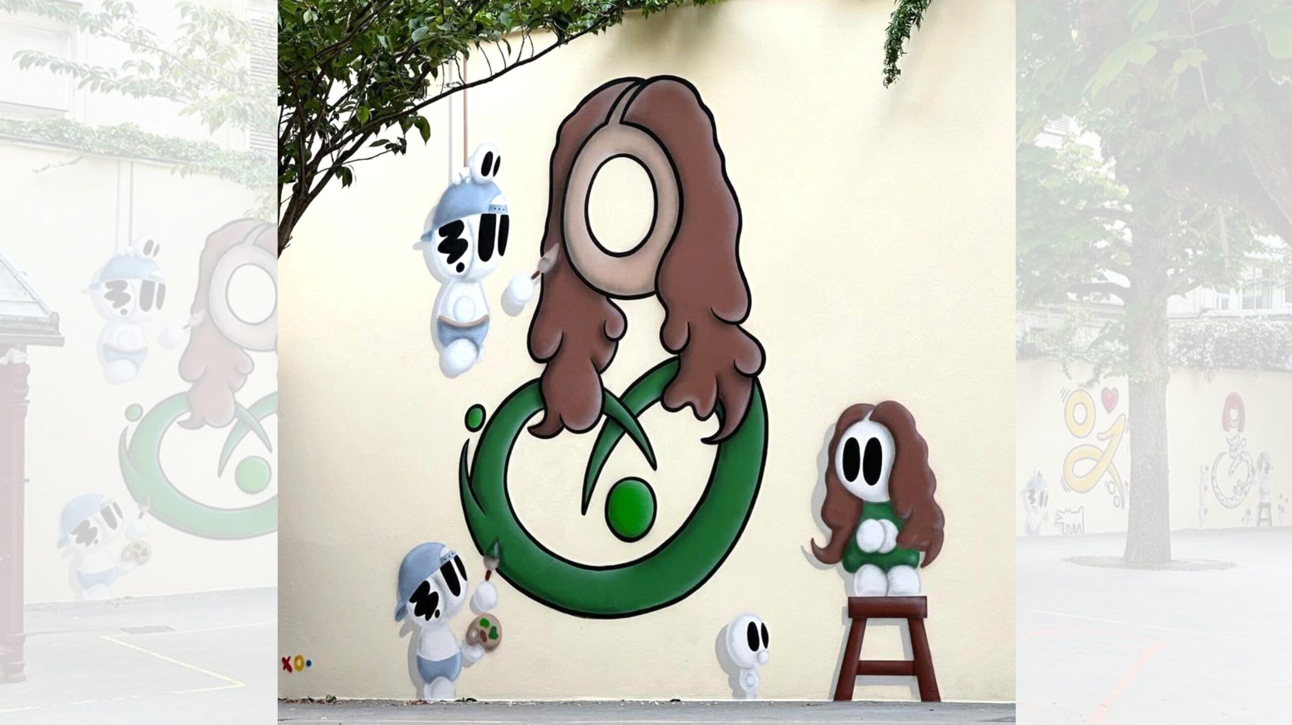 Oeuvre murale représentant la joconde sous forme de calligraffiti. Oeuvre réalisée dans une école à Paris par le street artiste Dark.