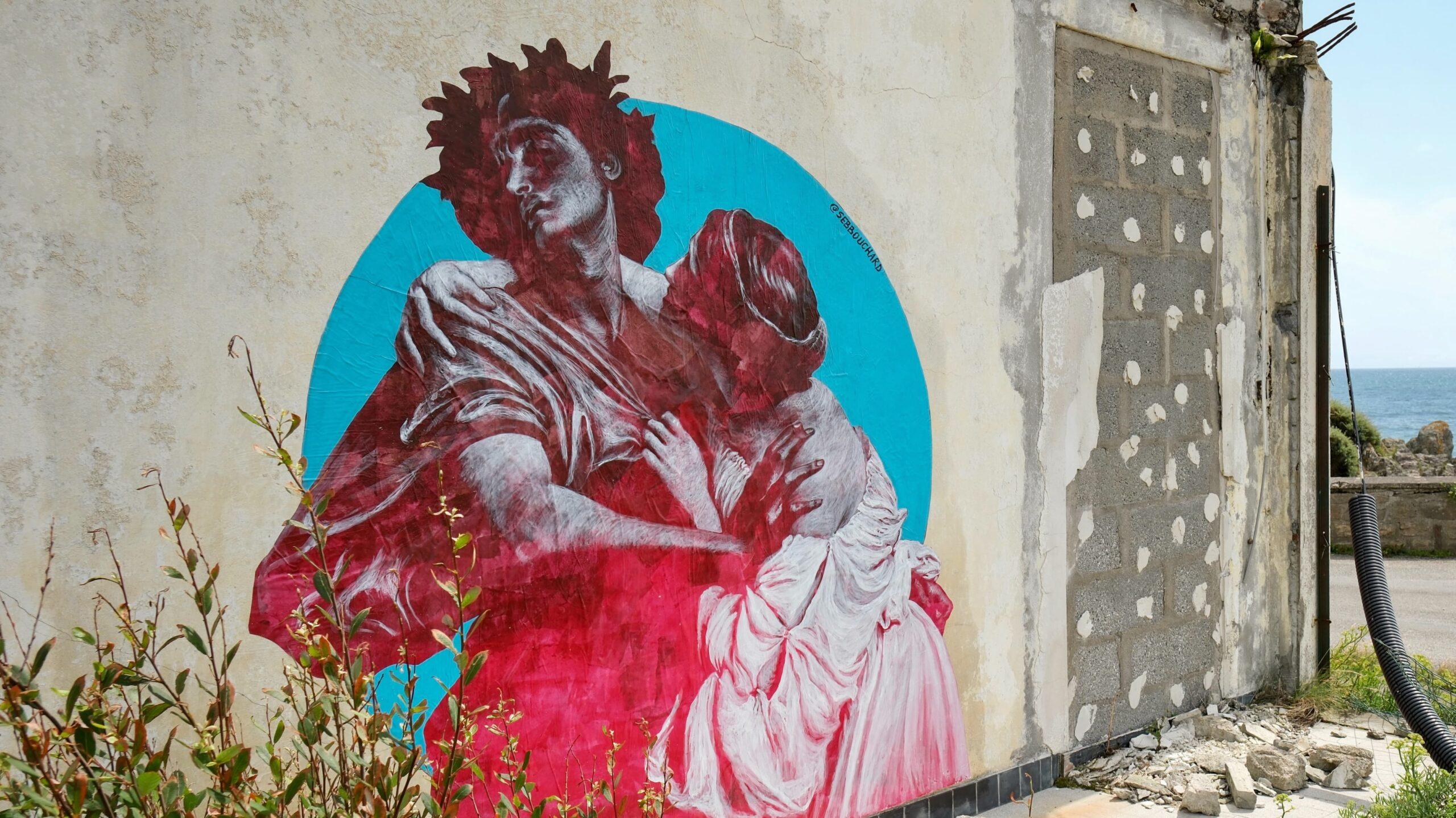 Oeuvre murale de Sébastien Bouchard réalisée à l'acrylique reprenant le thème d'Orpheus et Eurydice. L'oeuvre est face à l'Océan Atlantique.