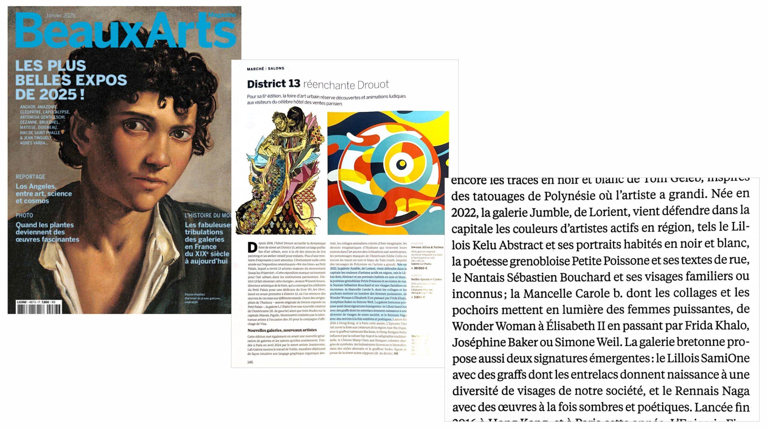 Article du magazine Beaux Arts consacré au District13 Art Fair et notamment à la Galerie Jumble