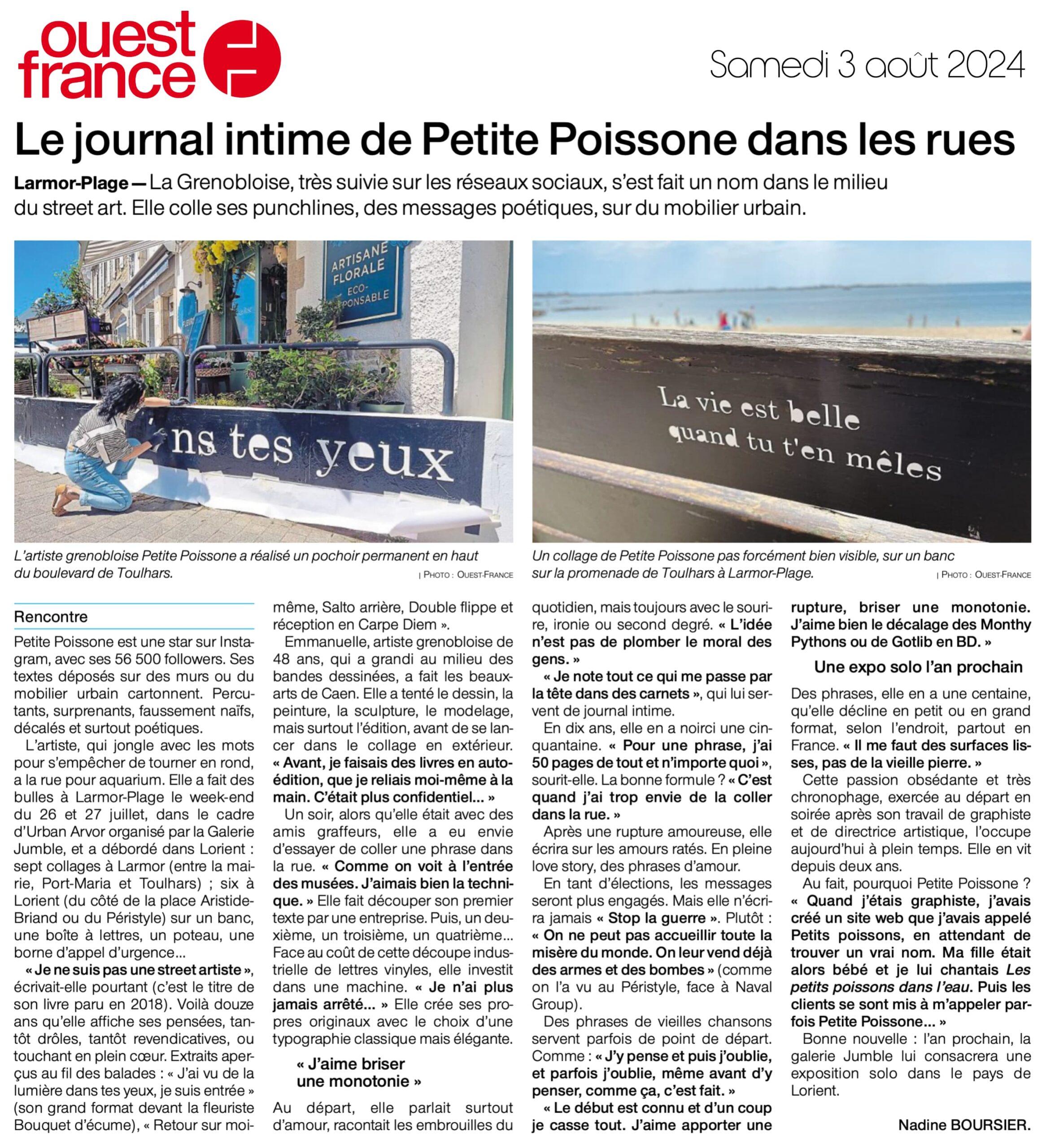 Article d'Ouest France consacré à la venue de la Street artiste grenobloise Petite Poissone pour Urban Arvor