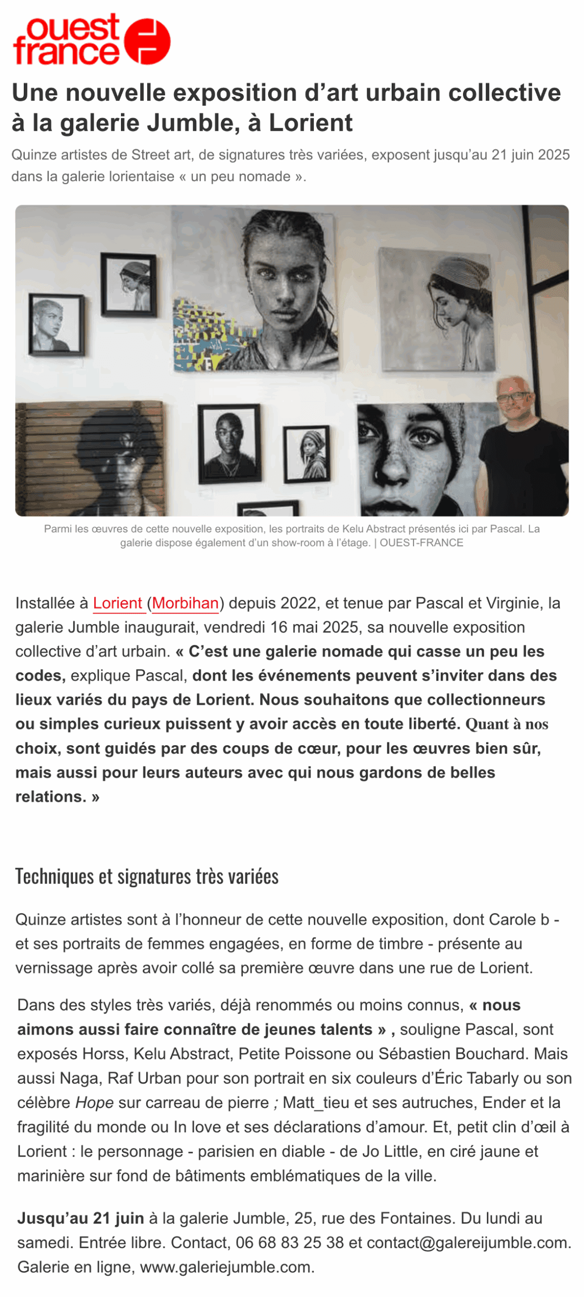 Ouest France - Une nouvelle exposition collective d’art urbain à la galerie Jumble, à Lorient