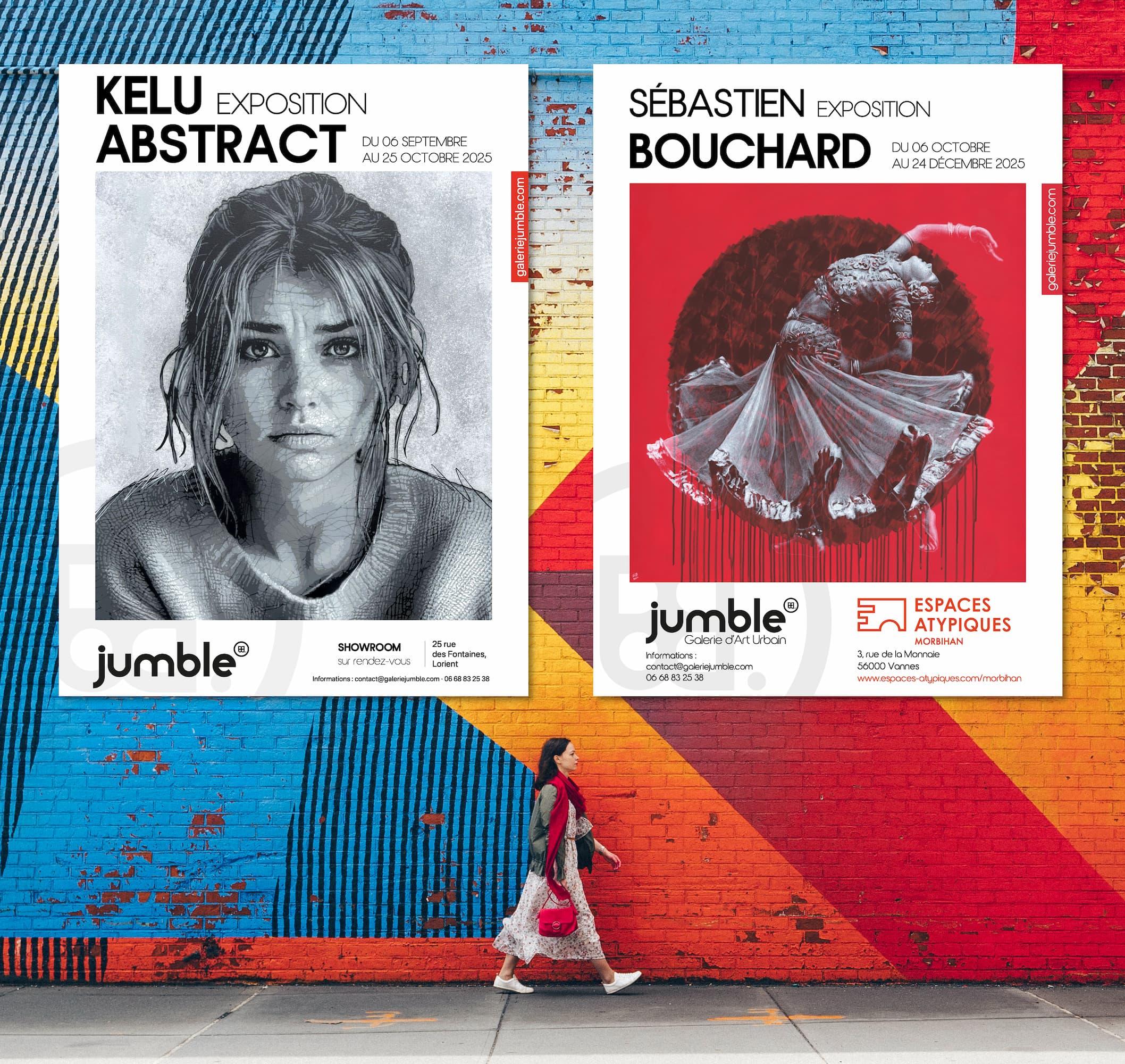 Programme des expositions de la Galerie Jumble : Kelu Abstract au showroom de Lorient et Sébastien Bouchard chez Espaces Atypiques à Vannes.