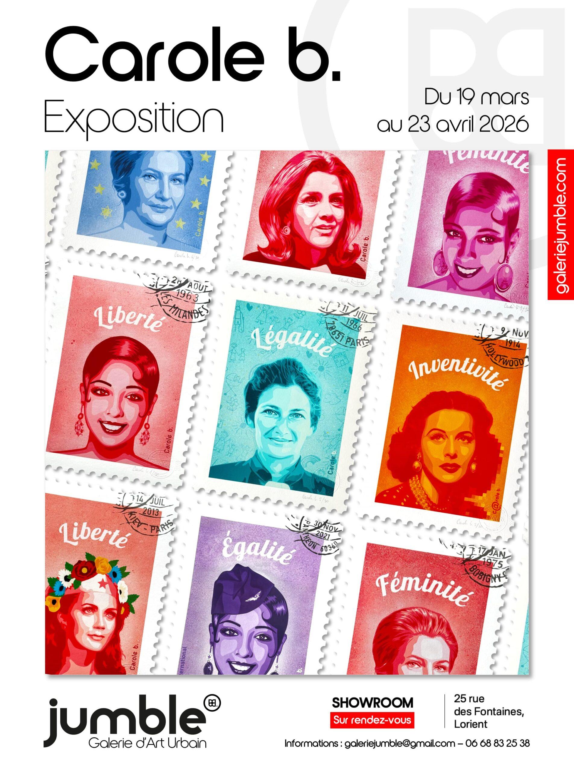 Exposition Carole b. à Lorient du 19 mars au 23 avril à la Galerie Jumble. Découvrez ses œuvres originales récentes dédiées à des femmes inspirantes, en écho à ses fresques visibles à Lorient, Larmor-Plage et partout en France.