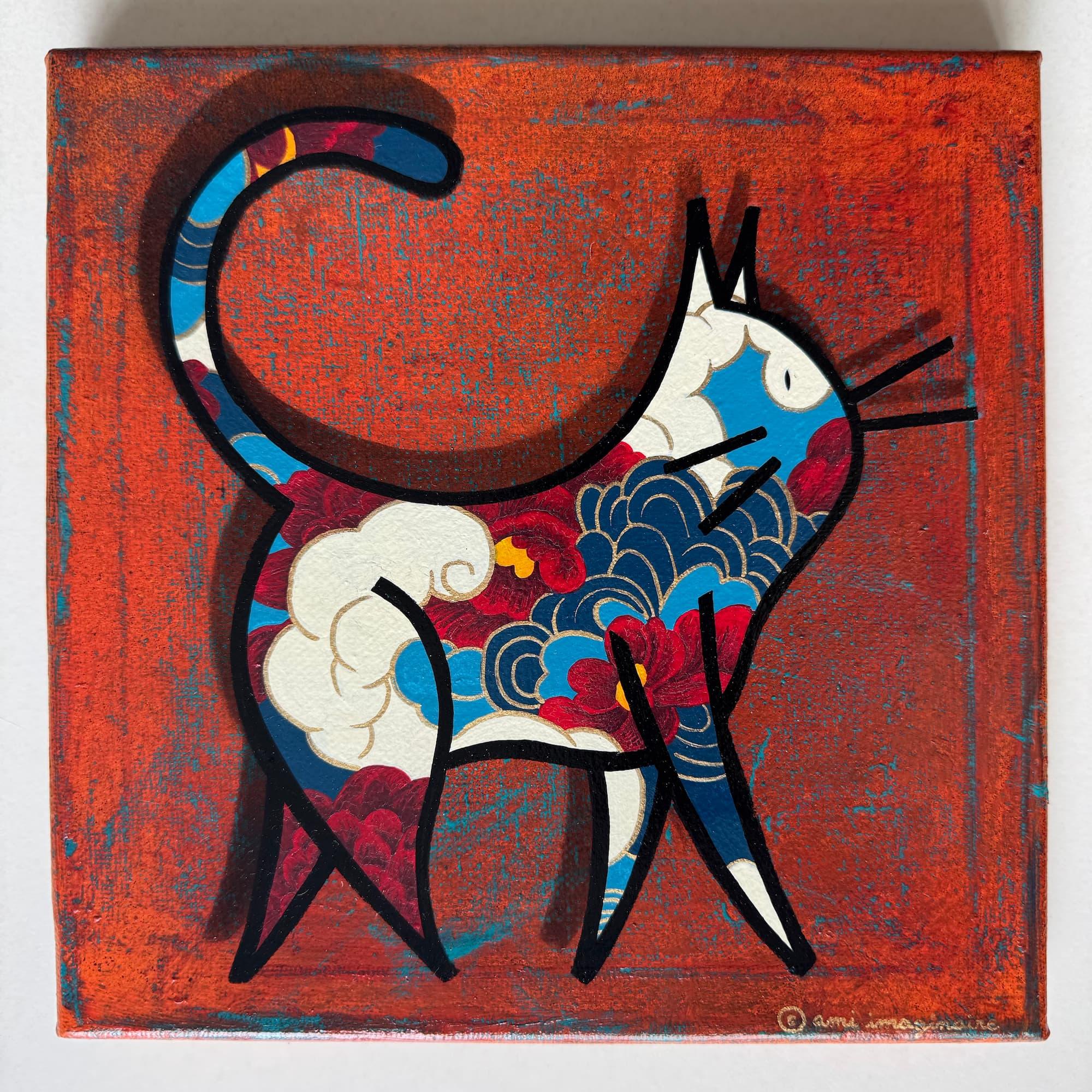 Kirakuna Neko - Ami imaginaire, pochoir et peinture acrylique sur toile, 20 x 20 cm, 2026 | Galerie Jumble - Art Urbain / Street Art