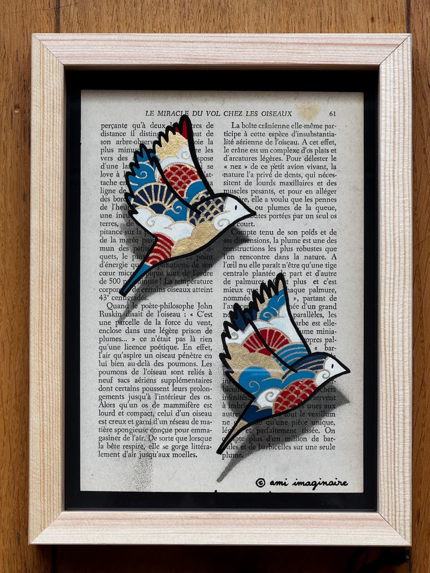 Le vol des oiseaux - Ami imaginaire, pochoir et peinture acrylique sur papier, 18 x 23 cm, 2026 | Galerie Jumble - Art Urbain / Street Art