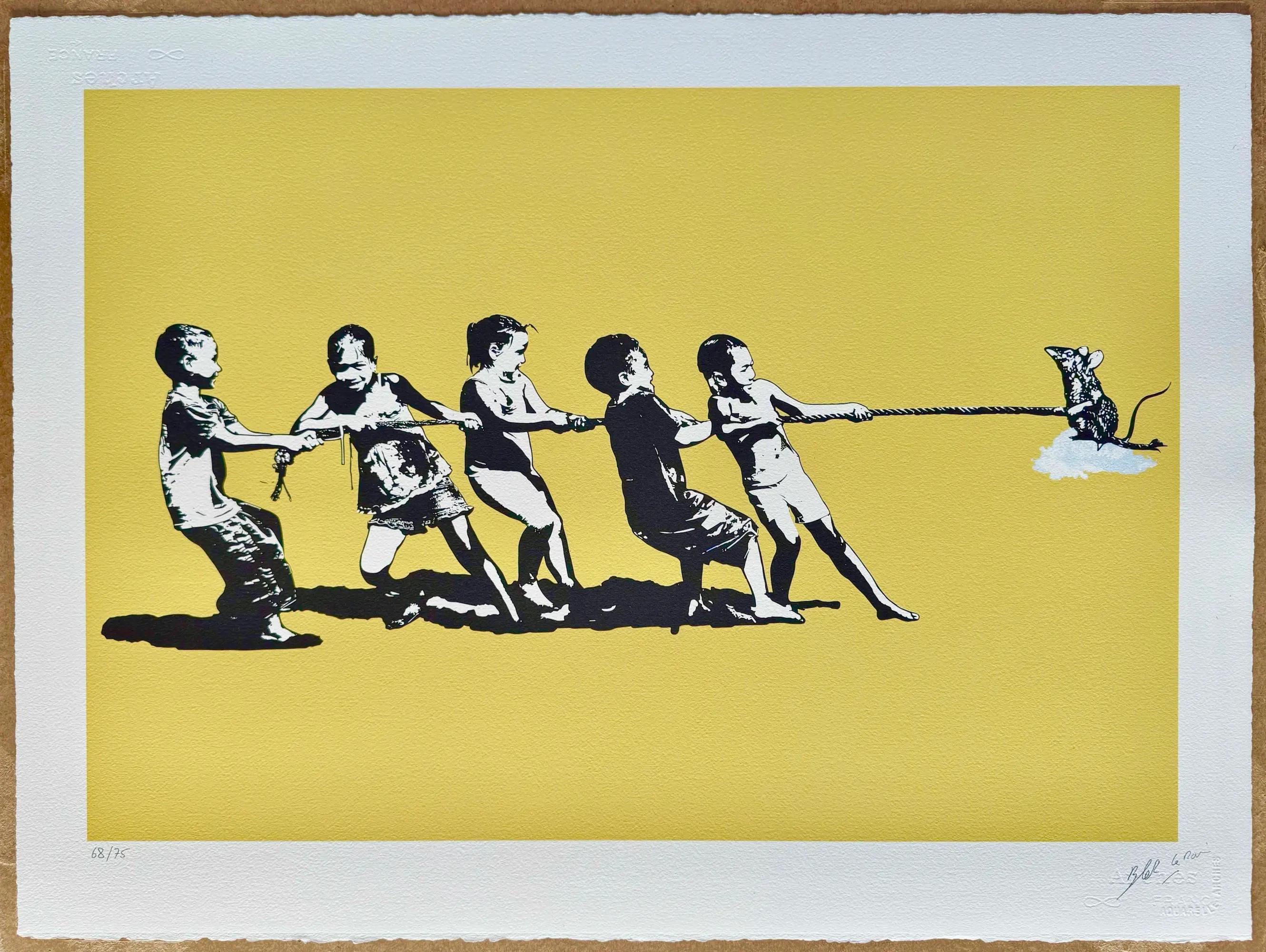 Rope Pulling Yellow Edition - Blek le Rat, sérigraphie, 56 x 76 cm, 2021 | Galerie Jumble - Art Urbain / Street Art
