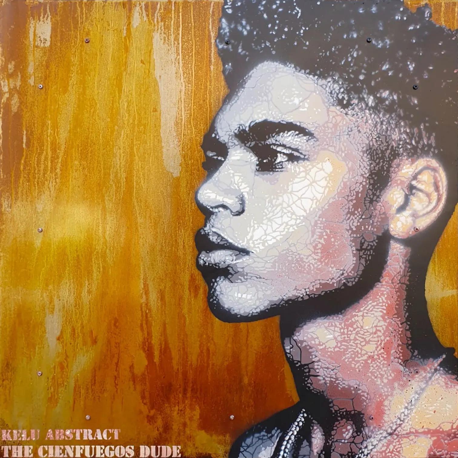 The Cienfuegos Dude - Kelu Abstract, pochoir sur plaque métal corrodée, 80 x 80 cm, 2023 | Galerie Jumble - Art Urbain / Street Art